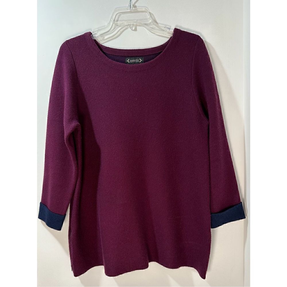 Nanette Lepore Vintage cranberry pullover wool sweater w/gray cuffs-L. #11-0274